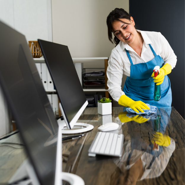 Cleaning Doctor technician vacuuming office carpet and wiping down desks—delivering consistent, high-quality cleaning for workplaces.