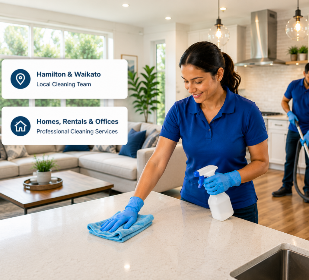 Two professional cleaners in blue uniforms cleaning a bright modern home, with one wiping a kitchen bench and another vacuuming for house in Hamilton, Waikato