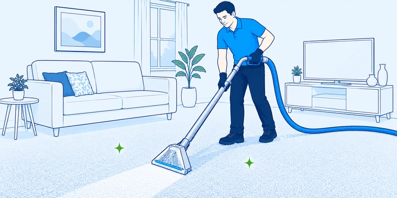 Professional cleaner using hot-water extraction equipment on carpet