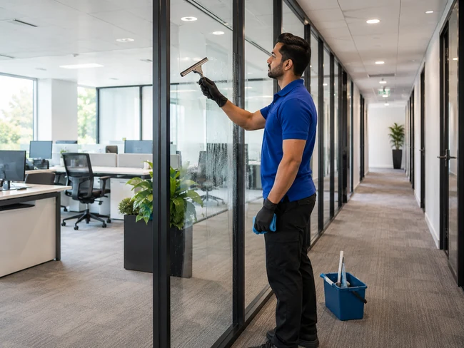 Professional cleaner cleaning a glass partition in a modern office