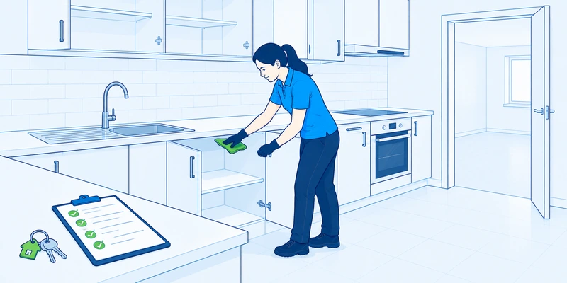 Cleaner wiping inside an empty kitchen cupboard during end of tenancy cleaning