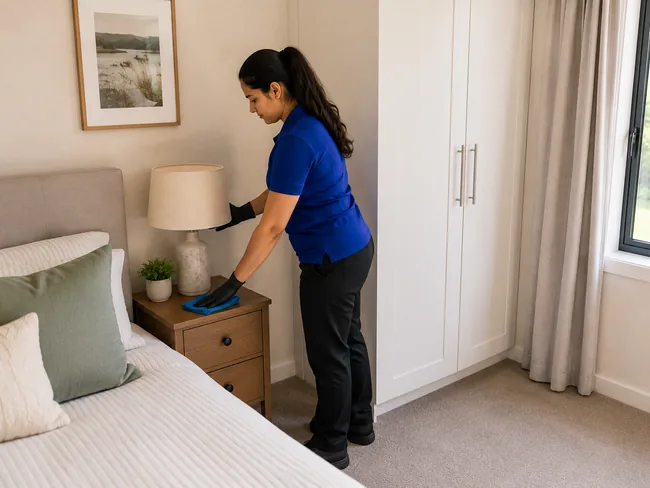 Professional cleaner dusting a bedside area during house cleaning