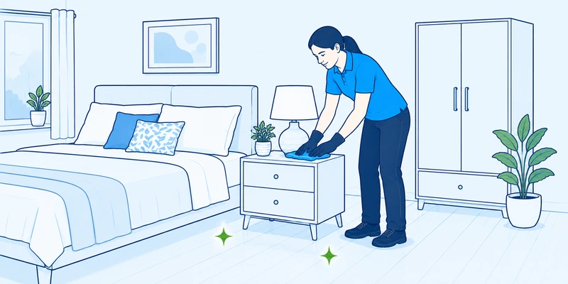 Cleaner wiping a bedside area during regular house cleaning