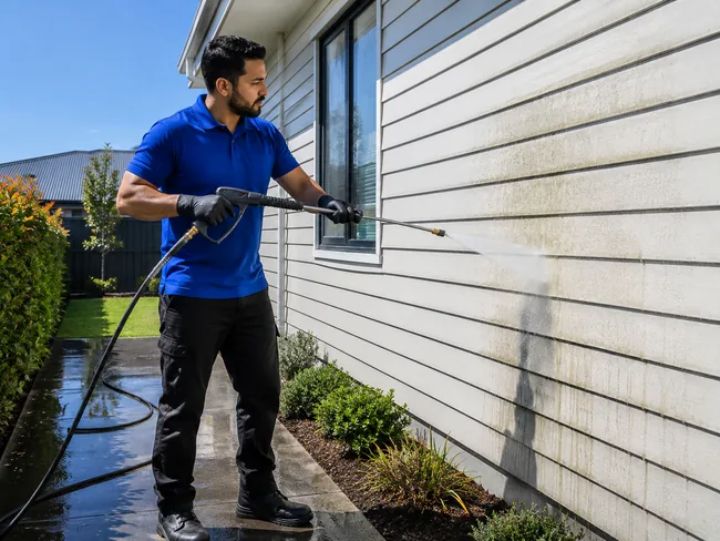 Professional Cleaner Doing Exterior House Washing