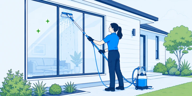 Professional cleaner using a water-fed pole to clean exterior windows