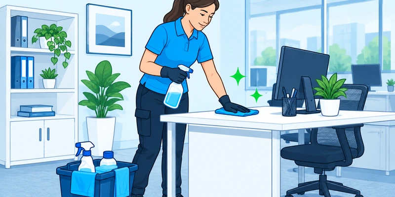 Professional cleaner wiping an office desk during commercial office cleaning