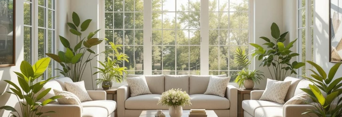 A spotless clean room is in the image with beautiful sun light gazing into the room